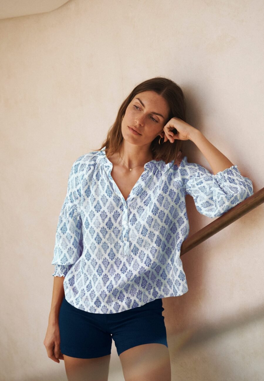Allie gauze linen shirt - Blue block print