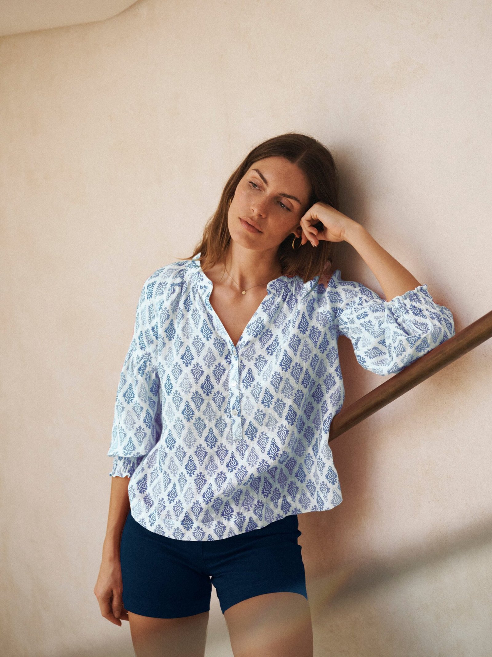 Allie gauze linen shirt - Blue block print