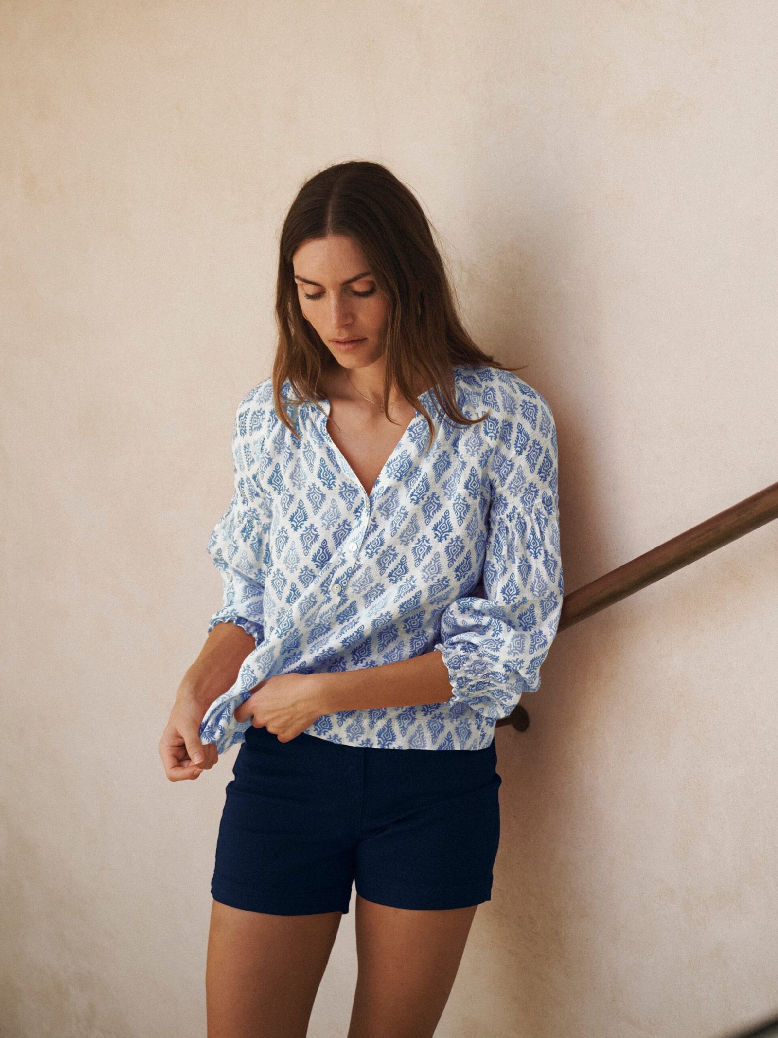 Allie gauze linen shirt - Blue block print - Image 2