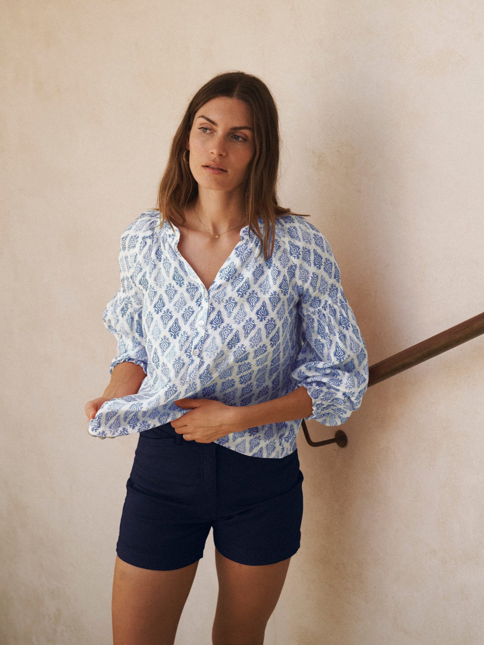 Allie gauze linen shirt - Blue block print - Image 3