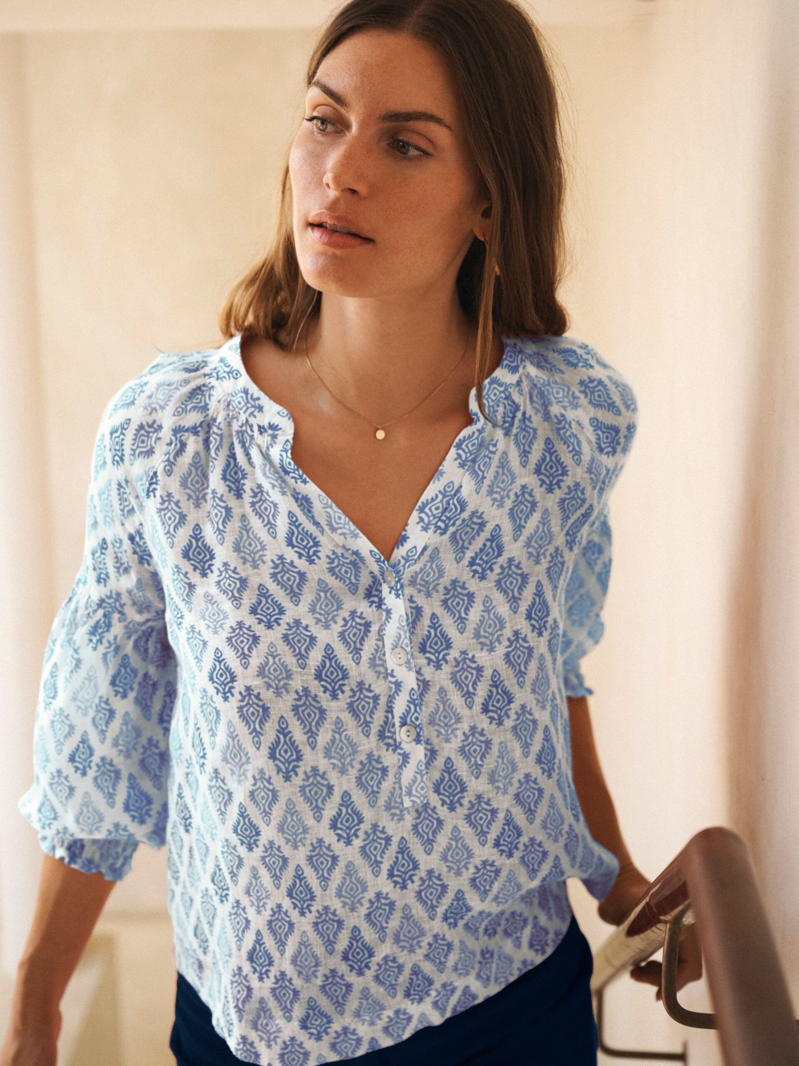 Allie gauze linen shirt - Blue block print - Image 5