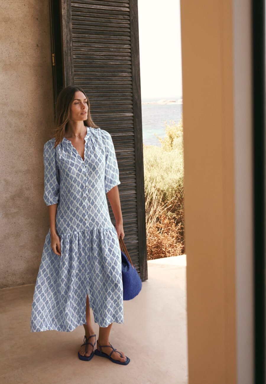 Anais gauze linen dress - Blue block print
