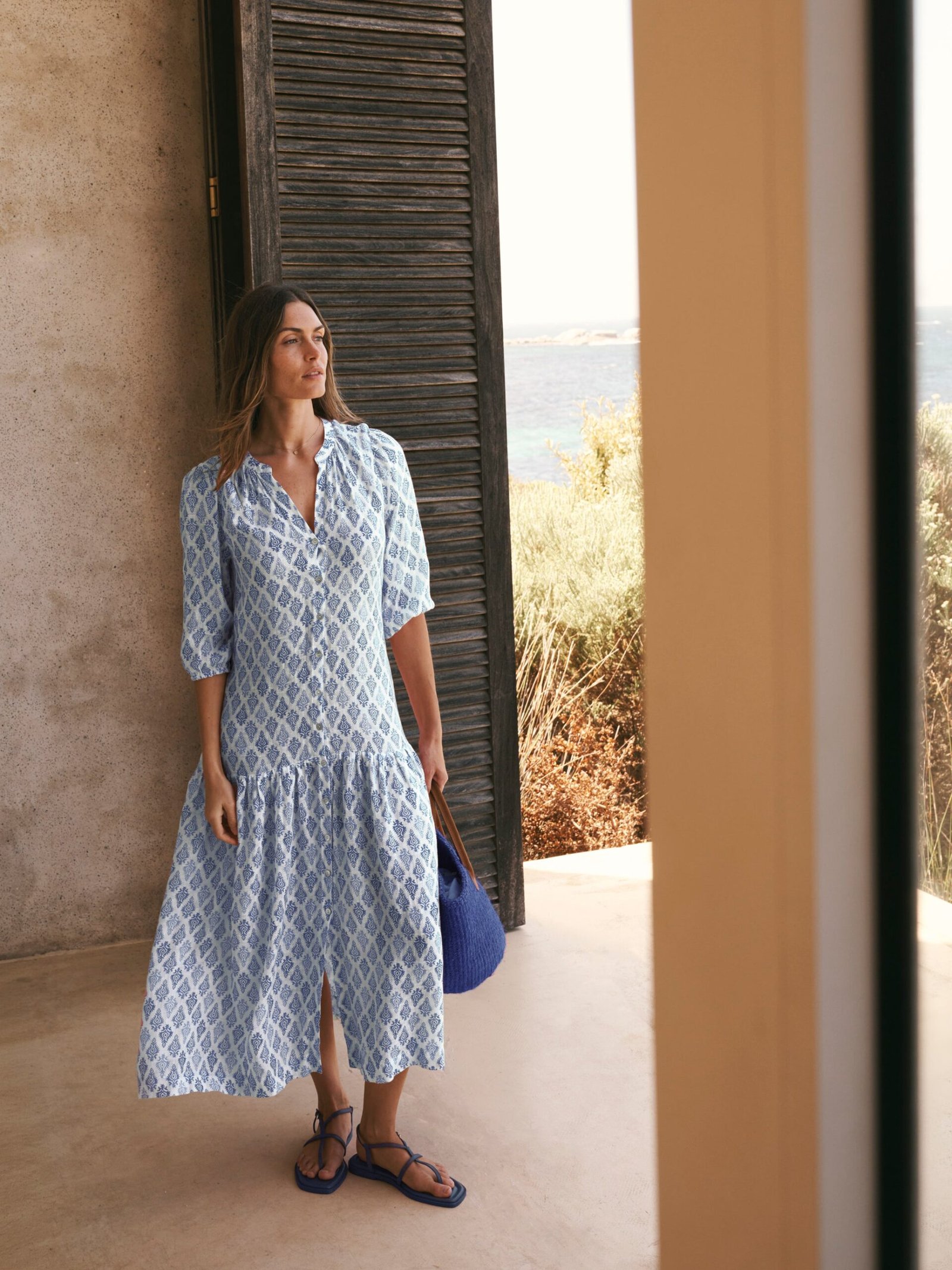 Anais gauze linen dress - Blue block print
