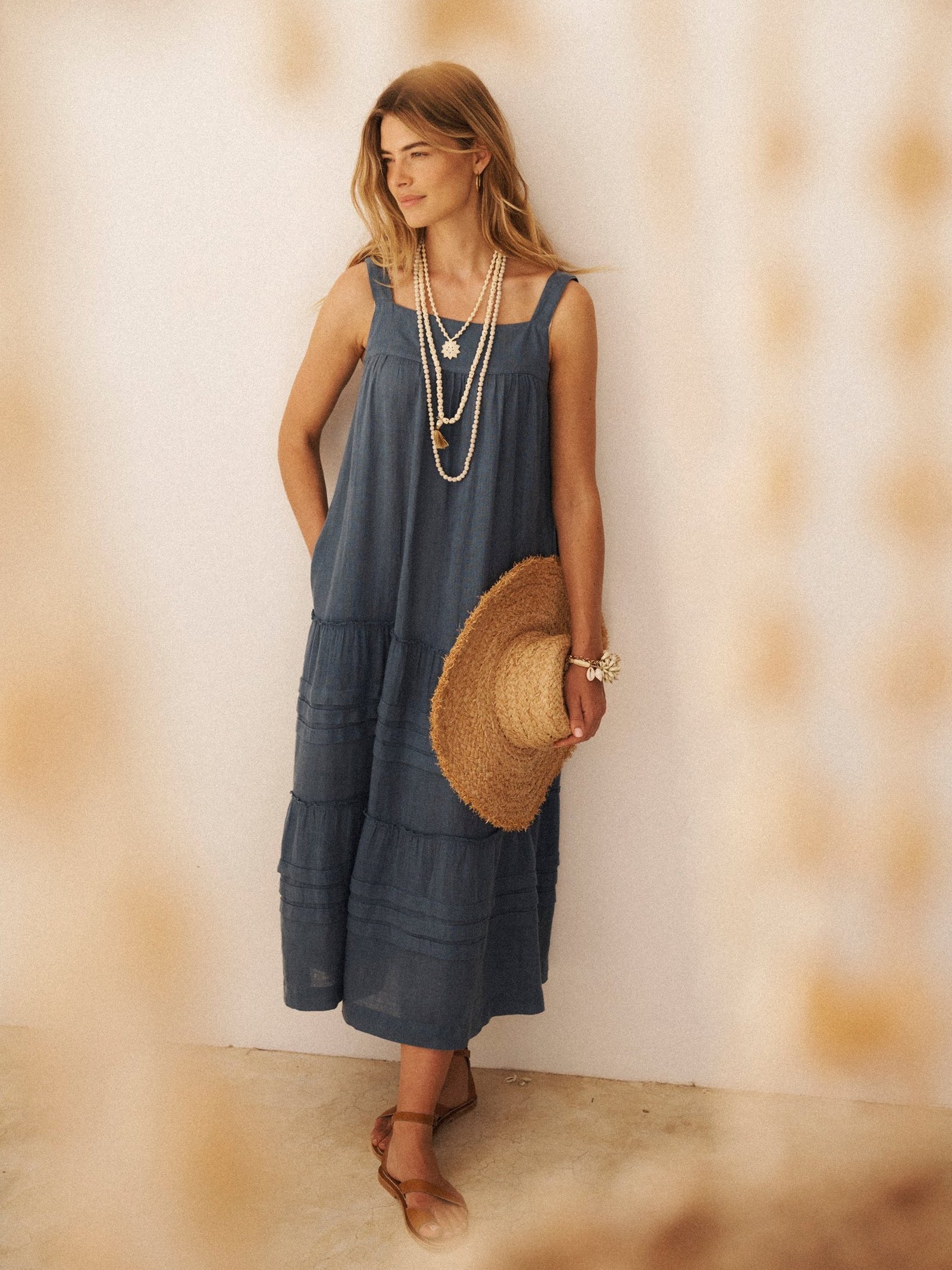 Ariane gauze linen tiered dress - Slate Blue
