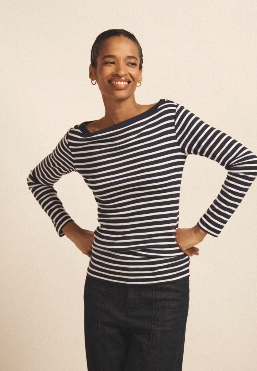 Billie cotton stripe boat neck t-shirt - Navy & White