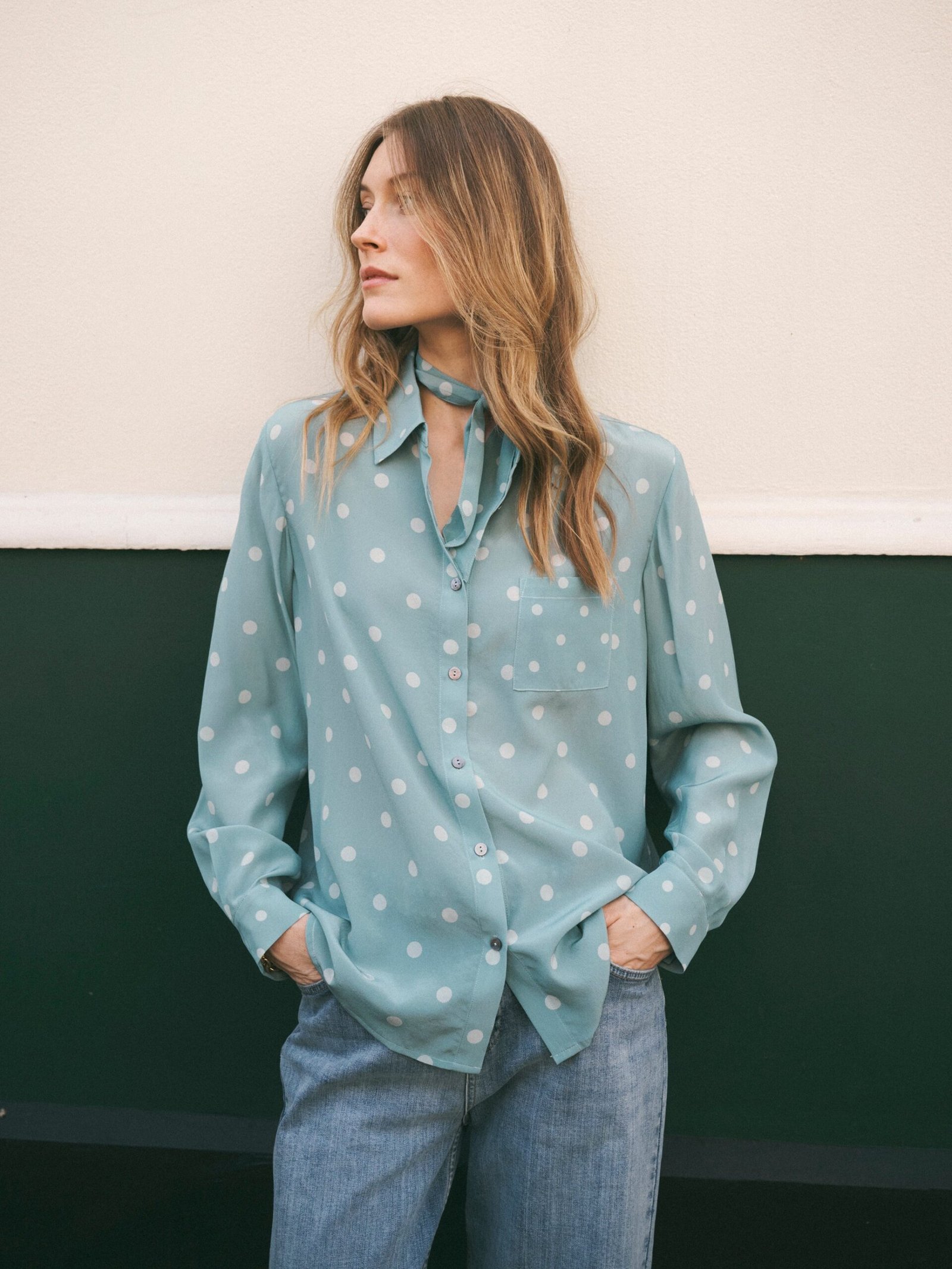 Chiara silk polka dot print shirt - Soft Sage - Image 2