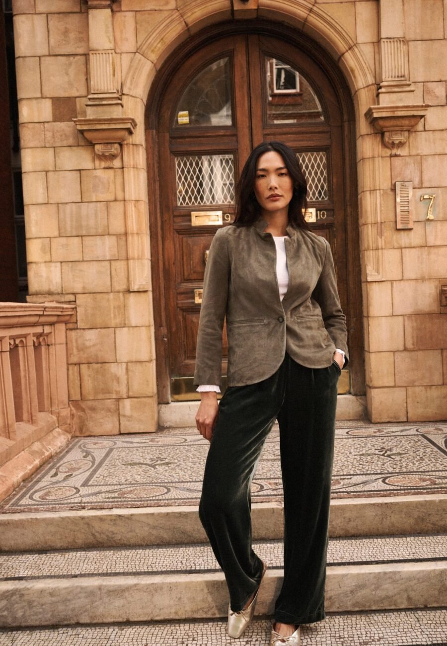 Thea silk blend velvet herringbone side stripe trouser - Khaki