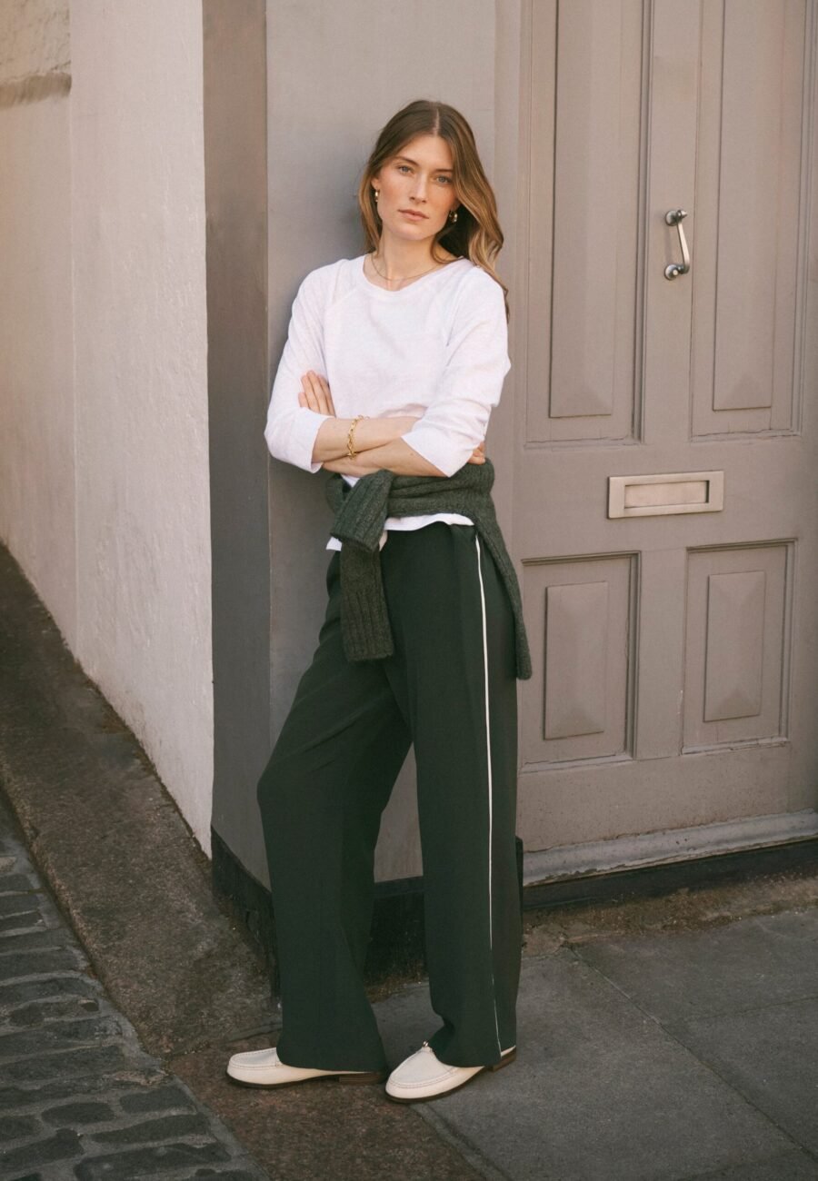 Thea silk piped trouser - Khaki with ivory piping