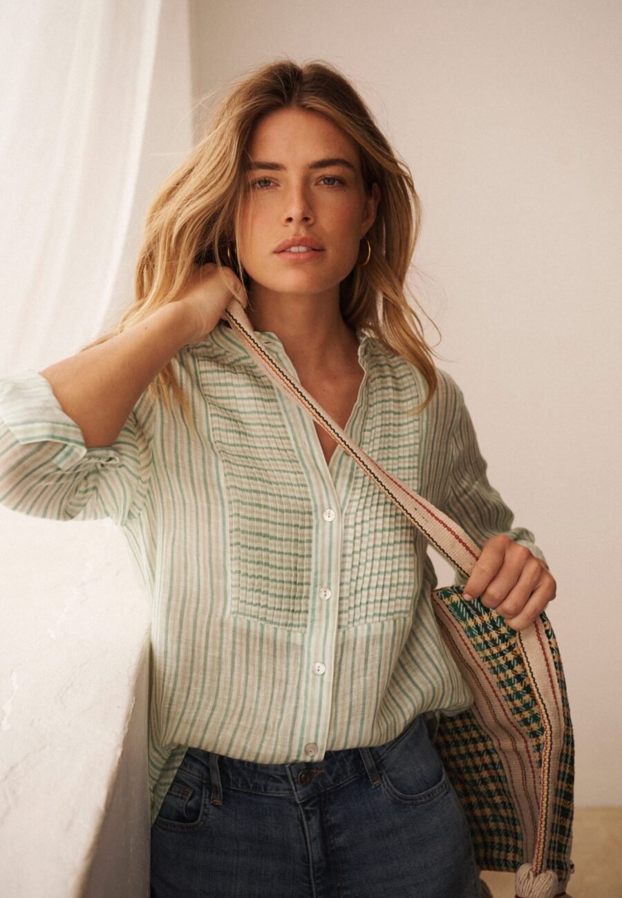 Zoe gauze linen pleated shirt - Green stripe